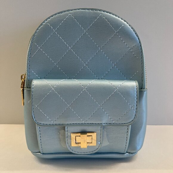 Quilted Puffer Backpack in Shiny Sky / Baby Blue W/ Gold Rope Straps - NWT - Picture 2 of 8